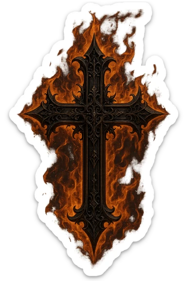 gothic style cross with flame effect, dramatic gothic design, transparent background sticker