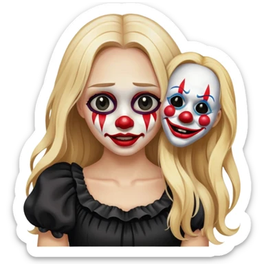 Crying blonde girl with long hair in black dress holding isolated happy clown Halloween mask beside her face  sticker