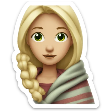 Blonde girl with green eyes wrapped in blanket cozy sticker