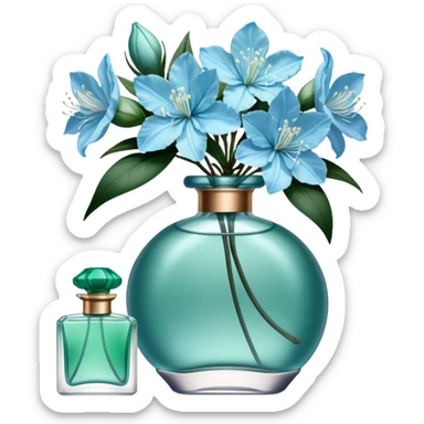 Aesthetic ensemble of soft blue azaleas alongside a charming vintage green perfume bottle.
 sticker