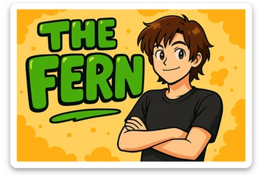 Brunette anime man leaning to the side with arms crossed, standing in front of green bubble letters that say 'The Fern'. He wears a black t-shirt, no jacket, medium-length brown hair, and has an expressive anime face. Keep the vibrant, cartoonish, eye-catching vibe in vibrant toon style. sticker