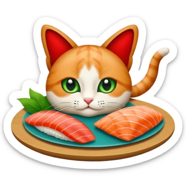 emoji di un gatto che tiene del sushi in mano, è verde con gli occhi azzurri ed un papillon rosso sticker