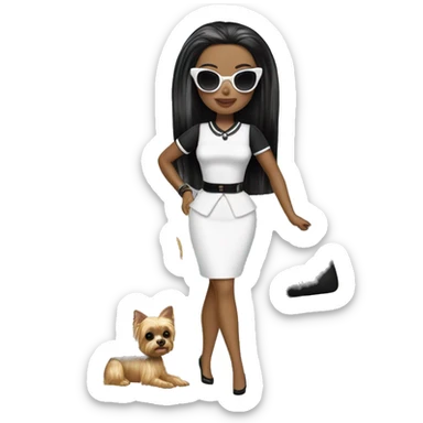 Palm beach Honey Barbie Wednesday Addams ,white face, full body visible, hair done,handbag, small 2 piece, sunglasses,heels,holding yorkie Miss Honey, sticker