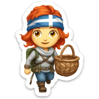 red hair female winter mountaineer climbing with Easter eggsbasket and Greek flag sticker