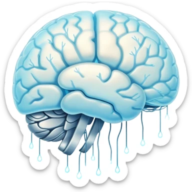 Floating pearl and light blue capsule orbiting around a translucent brain with bright sparks connected to a glowing neural network, all wrapped in a soft fog representing mental focus sticker