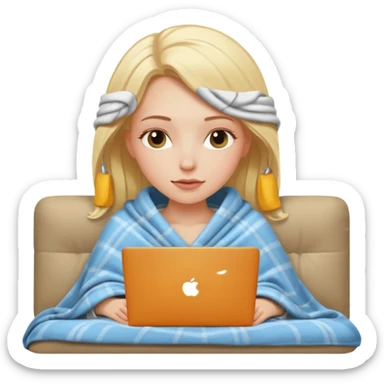 A white girl lies on a sofa under a blanket with a laptop sticker