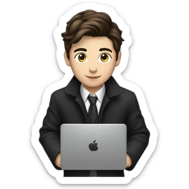 Classy programmer, 13 years old, coat, formal outfit, pc in hands, brunette boy, uses pc stays on pc, black coat, has pc in hands, all body see sticker