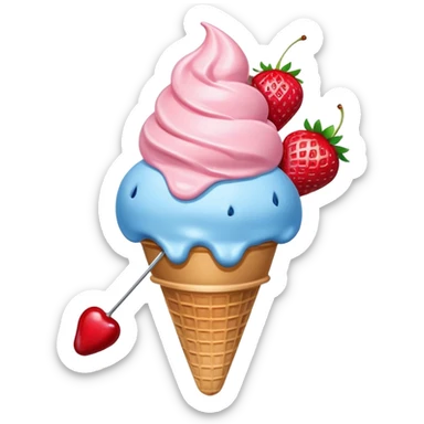 Waffle ice cream cone with one scoop of a blue ice cream and one scoop of a strawberry ice cream on top of the blue one with a single cherry still with stem in on top.  sticker