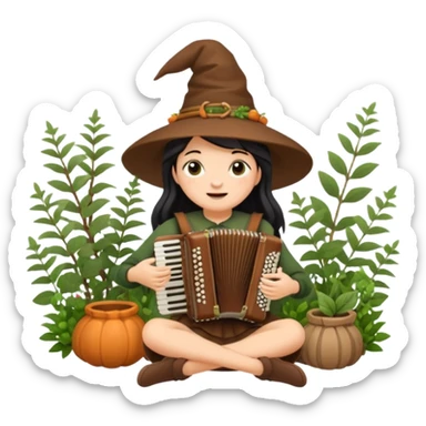 cozy woodland witch woman playing small accordion, surrounded by herbs sticker