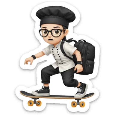 ["An angry boy , ponytail, wearing a chef hat and square glasses, dressed in goth fashion, is skateboarding while holding a backpack."] sticker