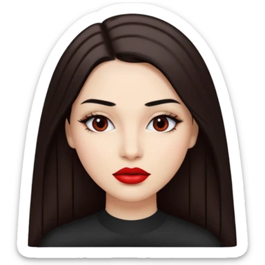 A woman emoji with fair skin, long straight dark brown hair parted in the middle, dark eyebrows, and red lipstick. sticker