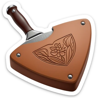 Leatherworking icon, beautiful piece of raw leather with started engraving, engraving tool or chisel, stamp or press, textured surface, minimalistic style, clean lines, transparent background. sticker