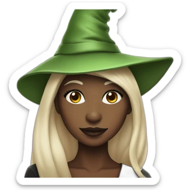 Cynthia Erivo with green skin and a witch hat sticker