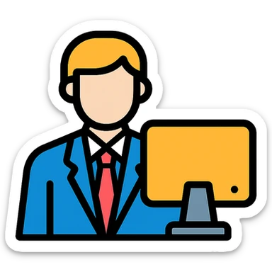 A person in a business suit working on a computer sticker