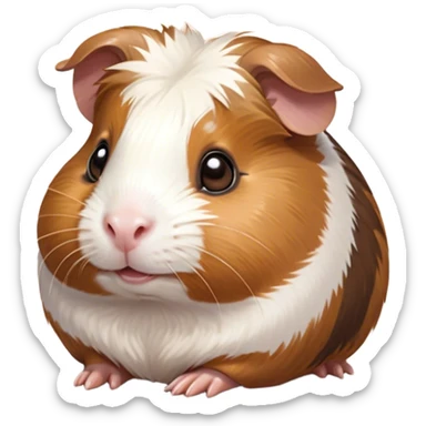 Cinematic Cute Brown and White Banded Guinea Pig Portrait Emoji, Head tilted playfully and inquisitively, showcasing a fluffy fur with playful brown and white banded patterns, round, sparkling dark eyes filled with curiosity, Simplified yet irresistibly adorable features, highly detailed, glowing with a warm, friendly glow, high shine, affectionate and spirited, stylized with a touch of whimsy, bright and endearing, soft glowing outline, capturing the essence of a mischievous yet loving guinea pig, so playful it feels like it could dash out of the screen and into your arms! sticker