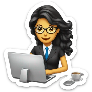 Secretaria cabelo preto computador e tomando cafe sticker