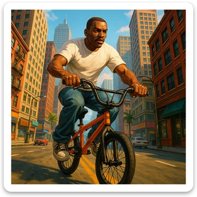 CJ from GTA San Andreas riding a BMX in a city background sticker