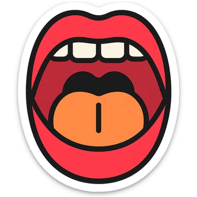 Schematic open mouth with visible tongue, symbolizing speech articulation and sound practice. Vector style, clean and sharp lines. Include realistic shadows and light reflections for depth. Minimalistic, educational design. Transparent background. High contrast between tongue, teeth, and lips for clarity. Flat illustration with soft shading, suitable for speech therapy materials sticker