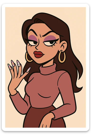 confident stylish woman with long decorated nails bold makeup sassy expression modern cartoon style sticker