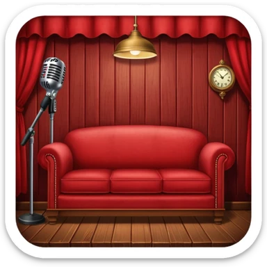 Red sofa in speakeasy with microphone sticker
