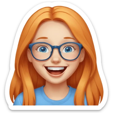 a girl with blue eyes, glasses and light orange long hair laughing sticker