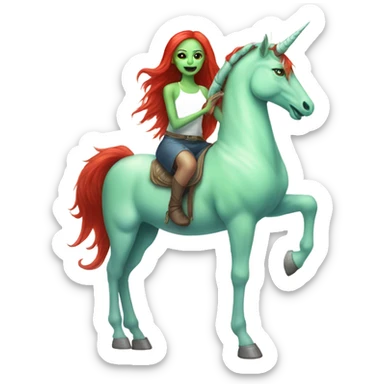 [politically incorrect
	{ woman: alien, color: light green, hair:red, eyes:cat} ]
	on a 
	[{ unicorn: white, legged:four, mane: light blue }] sticker