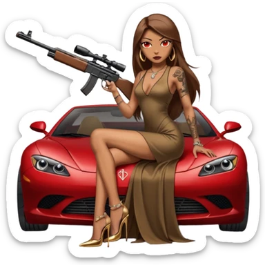 Lilith tan skinfemale red eyes symbol. Tattoo arms. Her hair is brown straight long hair.wearing sexy long  erotic dress with slit. black stiletto platform high heels shoes on. Sitting on gold giant luxury car with cash surrounding her. She is holding a sniper rifle in one hand cash in other hand sticker