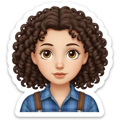white girl with very curly dark brown hair, brown eyes, wearing farm clothes sticker
