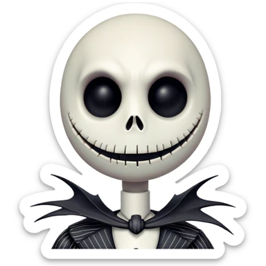 Close up view Cinematic 3D ultra realistic 32K HD image of Jack skellington, stunning detail as though captured in a timeless photograph, rich textures, visually rich, so lifelike that it feels like it could leap off the page at any moment sticker