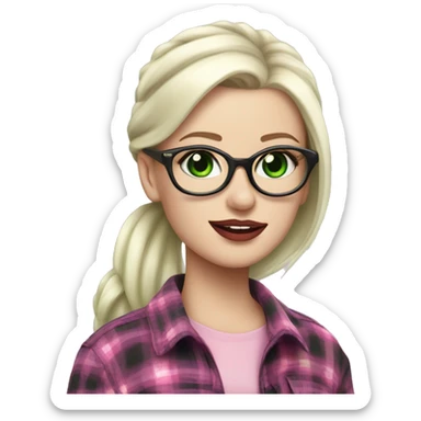 Pale white girl, platinum blonde hair in a pony tail, sinister, green glasses, pink lips, flannel top sticker