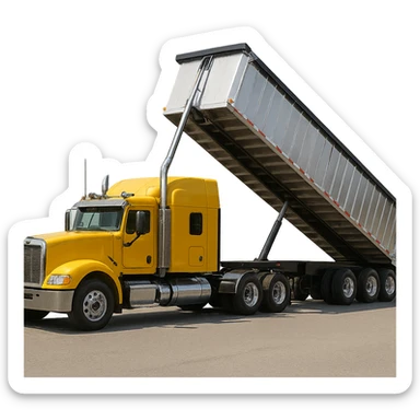 ultra-realistic yellow semi sleeper truck and silver end dump trailer, trailer tilted up as if dumping, clear reflections and shadows sticker