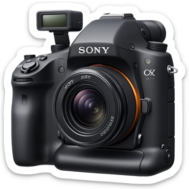 Minimal camera with 'Sony' text on the body, simple DSLR shape with small lens and Sony logo clearly visible sticker