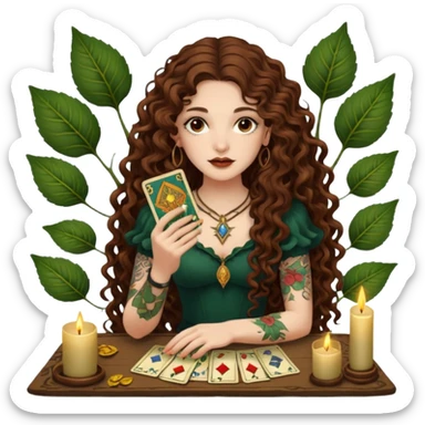 woman with long curly brown hair, brown eyes, white skin, tattoos, reading tarot cards made of leaves  sticker