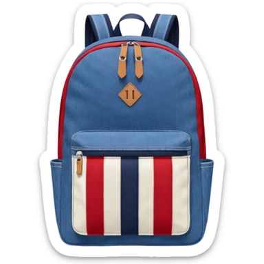 denim backpack with bold red, white, and navy vertical stripes, minimal and flat design, front view, inspired by Tommy Jeans style."
 sticker