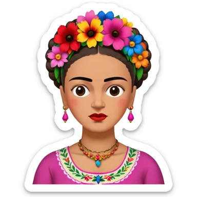 Frida kahle with prominent eyebrows and colorful clothes and flowers in her hair sticker