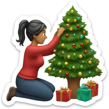 A Christmas tree with a woman decorating it sticker