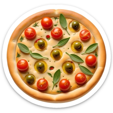 cinematic-realistic-focaccia-bread-dish-emoji,-depicted-as-a-golden,-olive-oil-brushed-flatbread-sprinkled-with-herbs-rendered-with-lifelike-texture-and-soft,-appetizing-lighting showing olives on top and the cherry tomatoes sticker