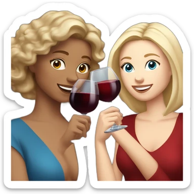 White woman with brown hair and brown eyes toasting with a red wine together with white woman with blond hair and blue eyes with red wine sticker