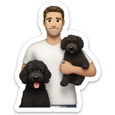clean-shaven straight-haired brunette man holding black labradoodle sticker