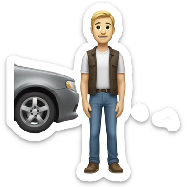 White man waiting near a car sticker