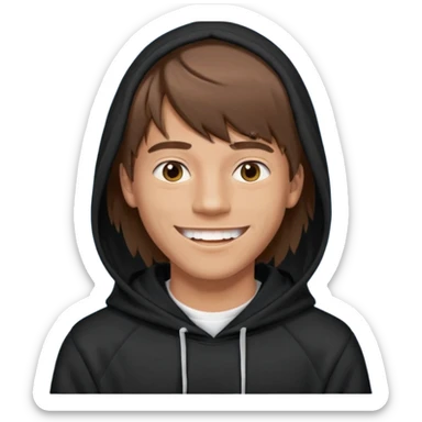 20 yr old man, brown hair, straight, big smile, white teeth, tanned skin, bangs, black hooded sweatshirt, long hair in back, center-parted bangs sticker