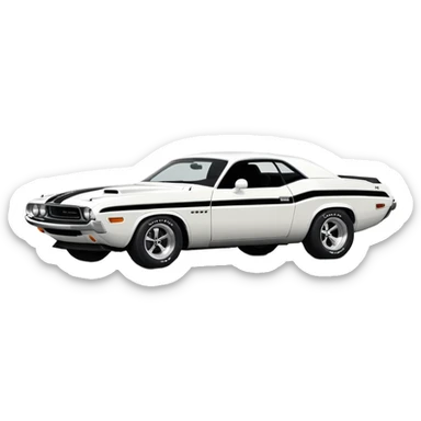 Minimalist white 1971 Dodge Challenger muscle car, side view, iconic white paint job, black stripe on the side, classic American muscle car from the movie Death Proof sticker