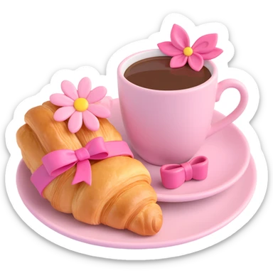 pink cup of coffee with a flower decoration and a pink bow, on a matching saucer, next to a croissant with white icing, cute and pastel colors sticker