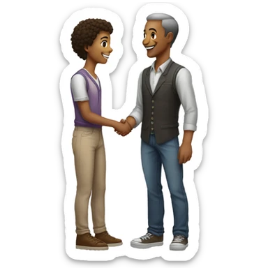 an old restaurant owner and young blogger in youth clothes, shaking hands, both with light skin, in great detail, in full height sticker