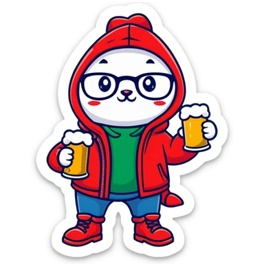 Catfish wearing a red hooded winter jacket, round glasses, blue jeans, red boots, holding a beer can with red label sticker