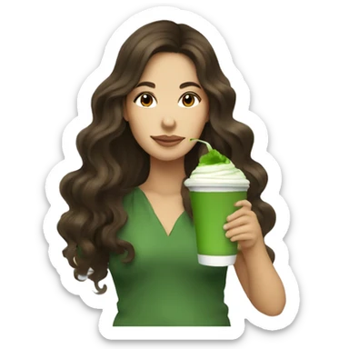 brunette long wavy hair sipping matcha sticker