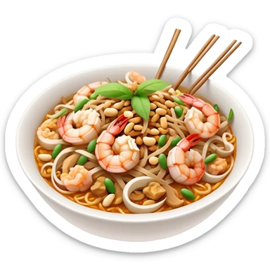 Cinematic Realistic Pad Thai Dish Emoji, depicted as stir-fried rice noodles with shrimp, tofu, peanuts, and bean sprouts rendered with vibrant textures and dynamic, appetizing lighting. sticker