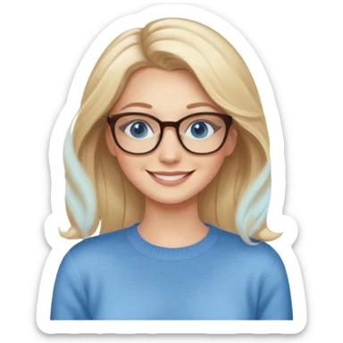 hyper realistic glamourous pale woman, Long blonde balayage hair, smiling, beige sweater, blue eyes and glasses sticker
