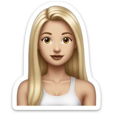 caucasian woman, with long straight hair, blonde hair, brown eyes, white tank top, gray tight mini skirt, black shoes, hyperrealist drawing sticker