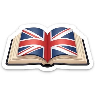 Minimalistic flat vector icon, iOS style, thin black contour on white background. Open book with a small UK/USA flag symbol. No text, no shadows. sticker